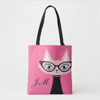 Bolsa Tote Sacola chique do monograma do gato do vintage