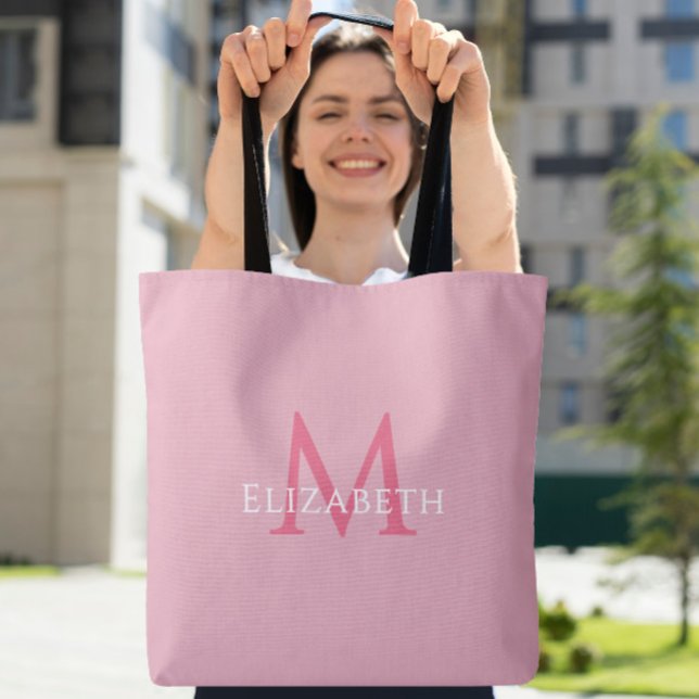 Bolsa Tote Sacola com inicial do nome Monograma Moderno Rosa (Pink Monogram Modern Name Initial Tote)