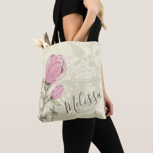 Bolsa Tote Sacola cor-de-rosa personalizada da flor da