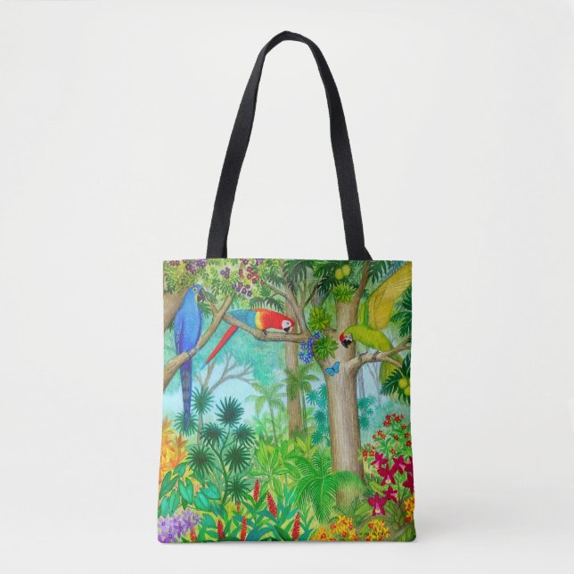 Bolsa Tote Sacola da arte da selva do papagaio do Macaw (Frente)