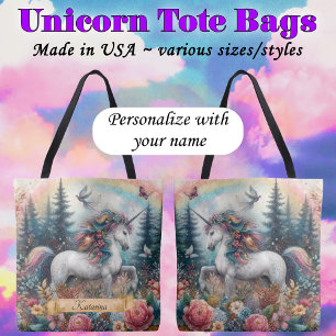 Bolsa Tote Sacola de água Boho Unicórnio Arco-íris Nome Perso