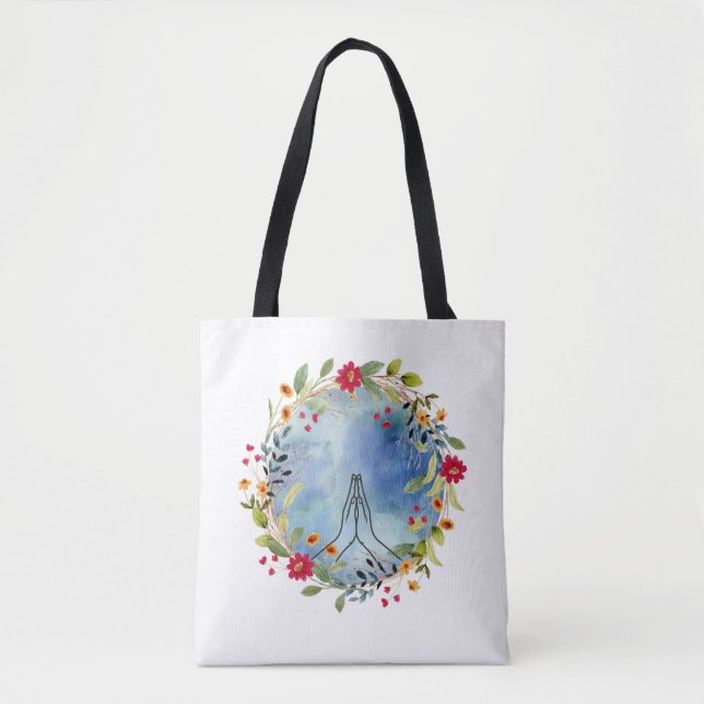 Bolsa Tote Sacola de Compras Aquarela Mãos em Oração (Frente)
