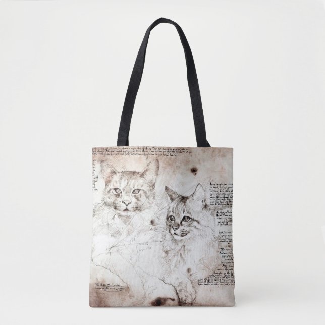 Bolsa Tote Sacola de Compras com Esboço de Gato de Leonardo d (Frente)