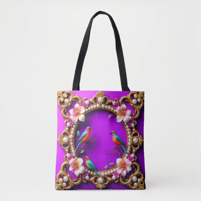Bolsa Tote Sacola de Mão Pássaros Roxos Estilo Floral da Natu (Frente)