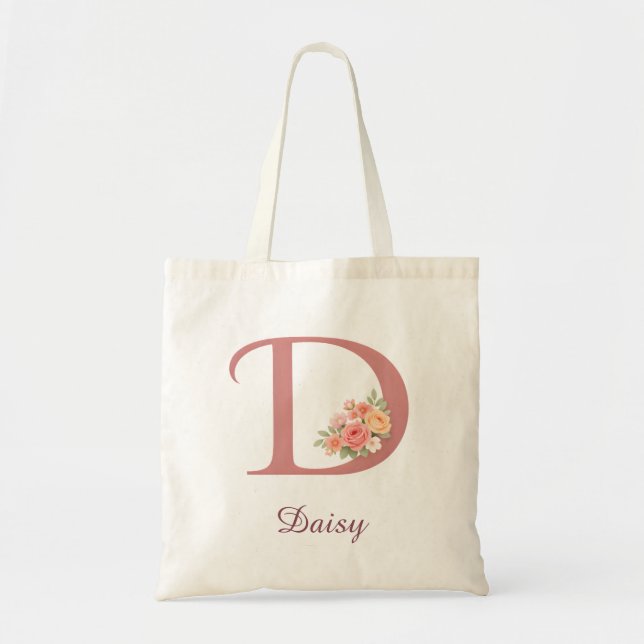 Bolsa Tote Sacola de Monograma com Letra D Floral Personaliza (Frente)