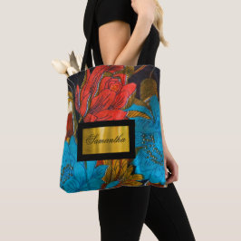 Bolsa Tote Sacola floral preta e vermelha personalizada do
