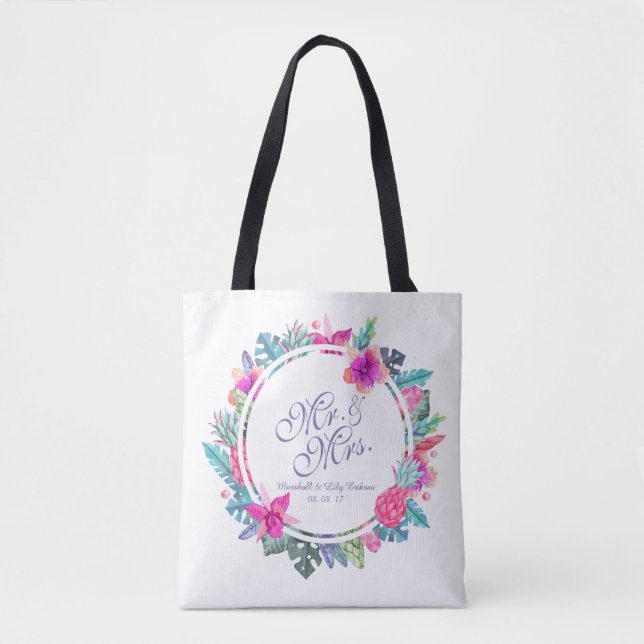 Bolsa Tote Sacola floral tropical personalizada do casamento (Frente)