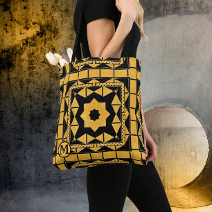 Bolsa Tote Sacola Ocher preta do teste padrão do monograma