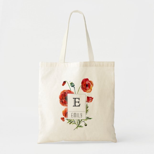 Bolsa Tote Sacola personalizada da papoila monograma floral (Frente)
