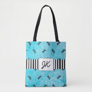 Bolsa Tote Sacola preta e azul da libélula Monogrammed