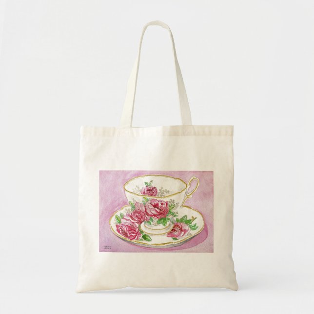 Bolsa Tote Sacola - Teacup & pires - rosas cor-de-rosa (Frente)