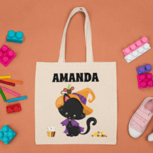 Bolsa Tote Sacolê de Halloween Personalizado Infantil Gato Tr
