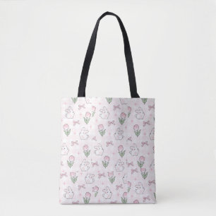 Bolsa Tote Sacolinha de coque Cute Pink Ribbon/ Coelho Branco