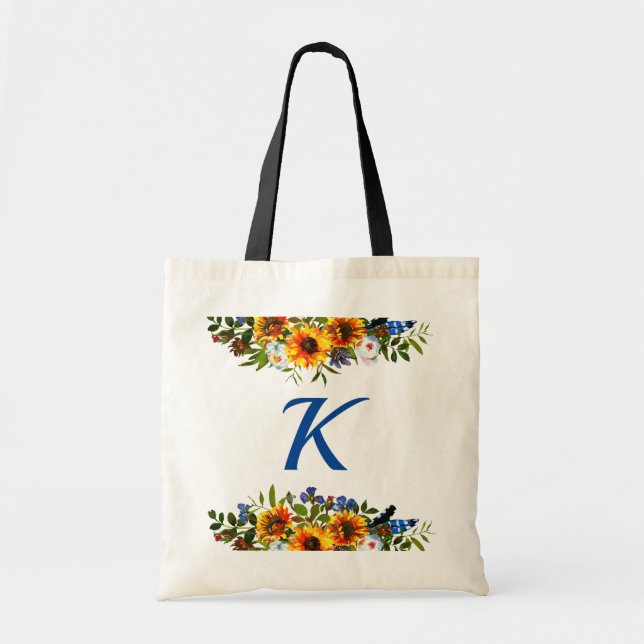 Bolsa Tote Sacolola de Noiva com Monograma de Girassol Floral (Frente)