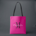 Bolsa Tote Sacos de tote, cor-de-rosa e preto, com néon perso<br><div class="desc">Sacos de tote de néon quente e preto. Na moda monograma de design com tipografia de script glamourosa para nome personalizado. Adicione sua própria carta inicial personalizada. O partido clássico favorece a ideia de presente para casamento chic, aniversário do rico, aniversário do aniversário, solteira, noivado, fim de semana das meninas,...</div>