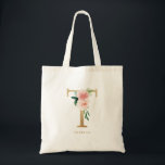 Bolsa Tote Sacrament Floral Letra T Monograma Dourada Damas d<br><div class="desc">Bolsa de mão com monograma de letra T floral apresenta um buquê de flores em aquarela de peônias e rosas rosa beijado, acento de folhagem e letra em folha de ouro falso. Esta bolsa de mão com monograma floral de letra T para damas de honra é perfeita para casamentos, chá...</div>