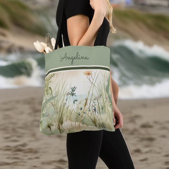 Bolsa Tote Sage Beach Dunes Grass and Flowers Monograma (Criador carregado)