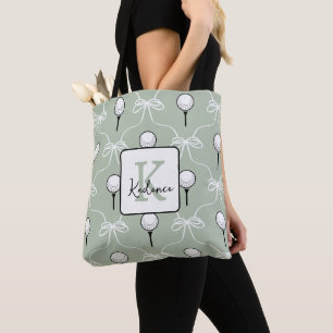 Bolsa Tote Sage Branco Preppy Laço Padrão de Golfe Monograma 