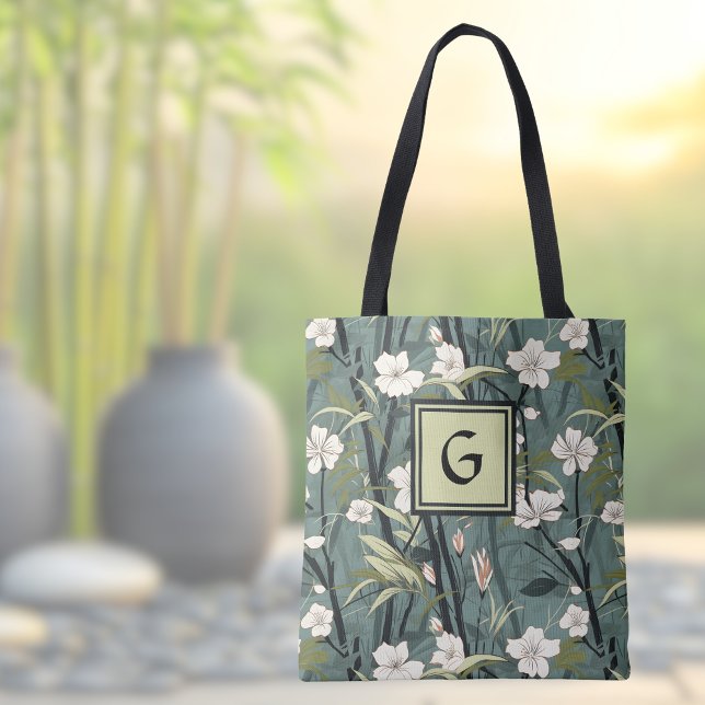 Bolsa Tote Sage Green Black Floral Japanese Style Monogram  (Criador carregado)