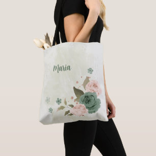 Bolsa Tote Sage green blush pink flores