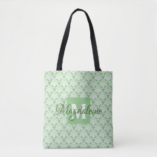 Bolsa Tote Sage Green & White Frilly Damask Monograma