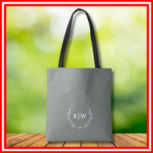 Bolsa Tote Sage Verde e Branco   Monograma de Iniciais Modern