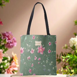 Bolsa Tote Sage Verde padrão de Flores rosa Clássico Moderno