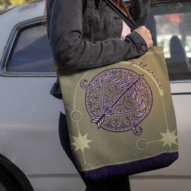 Bolsa Tote Sagitário - Sinal Zodíaco Roxo e Mandala Branca (Criador carregado)