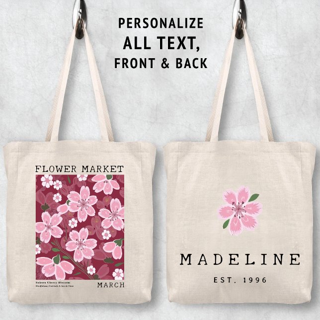 Bolsa Tote Sakura Cherry Blossoms Marcham Nascimento Flower M (Personalized March Birth Flower Market Tote Bag, Custom Name Bag, Bachelorette Bridesmaid Gifts )