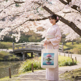 Bolsa Tote Sakura Tree Mountain Lake Tote Bag | Cerejeira Jap