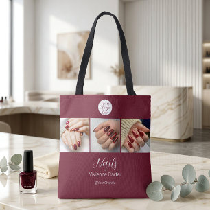 Bolsa Tote Salão de Unhas Foto Logo Script Branco Borgonha
