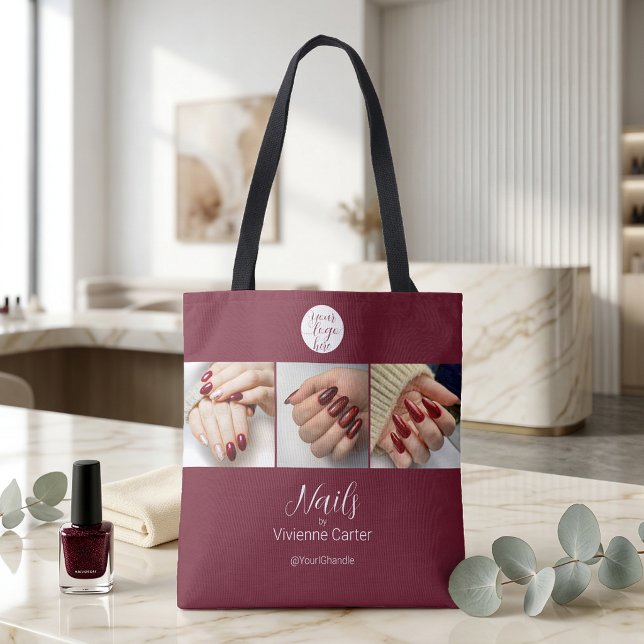 Bolsa Tote Salão de Unhas Foto Logo Script Branco Borgonha (Burgundy White Script Logo Photo Nail Salon Tote Bag)