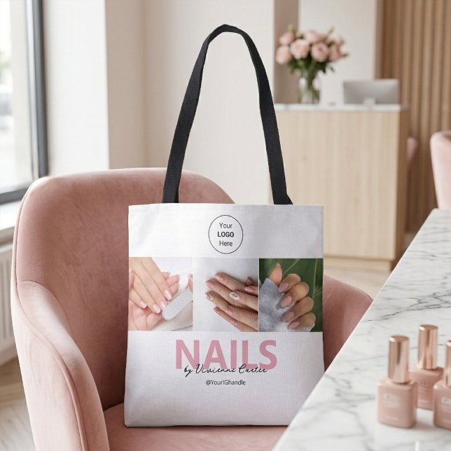 Bolsa Tote Salão de Unhas Foto Logo Script Rosa Rubor (Blush Pink Script Logo Photo Nail Salon Tote Bag)