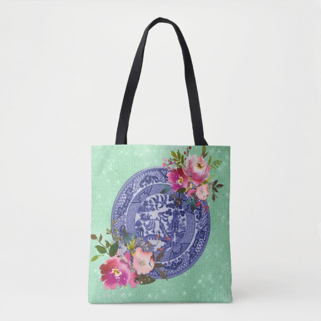 Bolsa Tote Salgueiro e rosas azuis azuis & brancos de China (Frente)