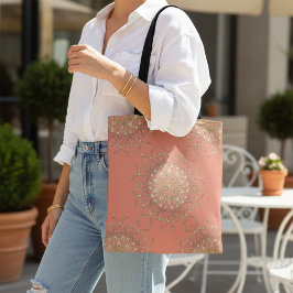 Bolsa Tote Salmão Rosa e Dourado Filigre Mandala Com Ouros