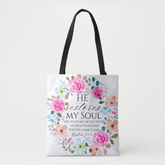 Bolsa Tote Salmo 23:3 - Ele restaura minha alma Bíblia Floral (Frente)