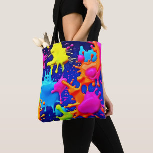 Bolsa Tote Salpicos Neon Vibrantes em Tela Escura