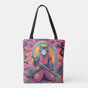 Bolsa Tote Samurai Cat segurando um Design Katana