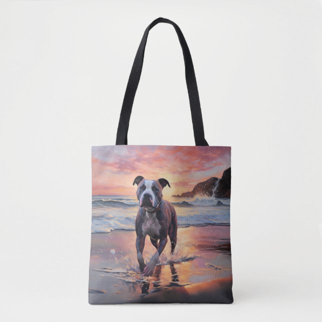 Bolsa Tote Sandy American Staffordshire Dog em Beach Sunset (Frente)