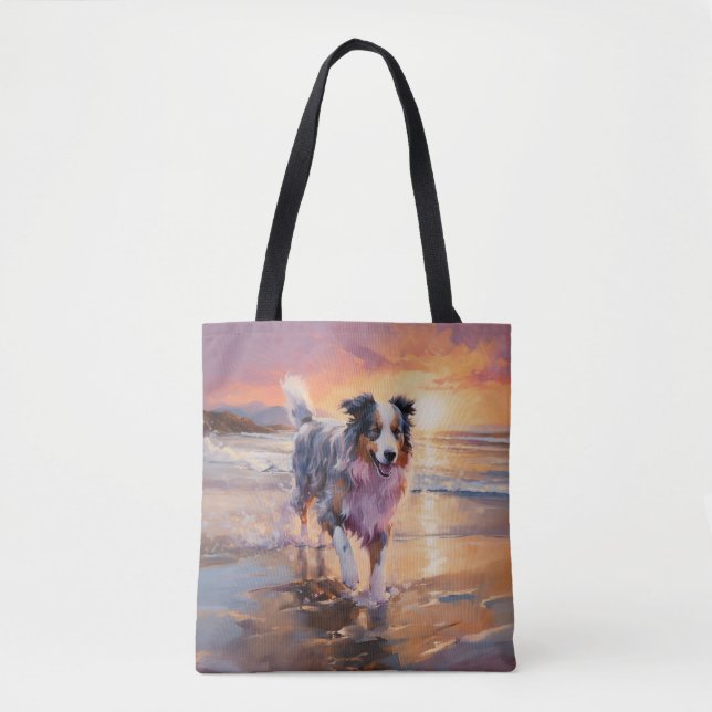 Bolsa Tote Sandy Australian Shepherd Dog on Beach Sunset (Frente)