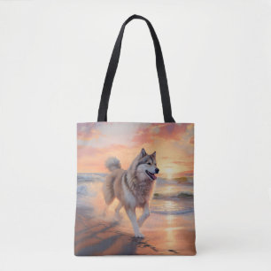 Bolsa Tote Sandy Paws Alaskan Malamute Dog em Beach Sunset