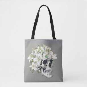 Bolsa Tote Sangue Silencioso: Lírios Branco e Caveira