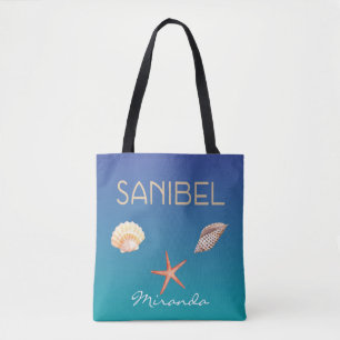 Bolsa Tote Sanibel com conchas em azul e nome personalizado