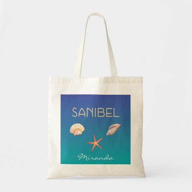 Bolsa Tote Sanibel com seashells e nome feito sob encomenda (Frente)