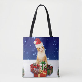 Bolsa Tote Santa Claus Cat com presente de Natal