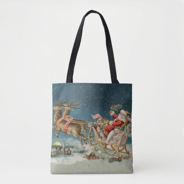 Bolsa Tote Santa Claus Christmas Antique Sleigh Reindeer (Frente)