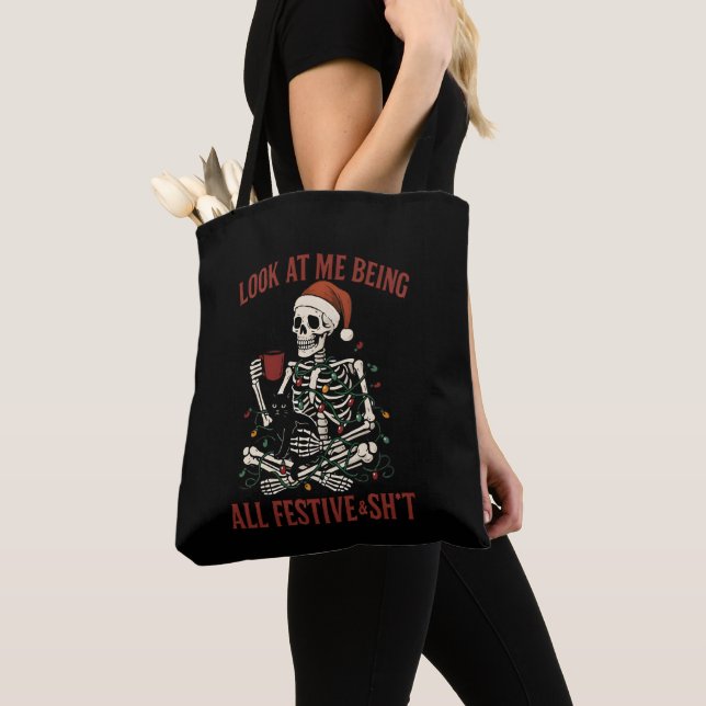 Bolsa Tote Santa Skeleton with Cat Holiday Snark (Close Up)