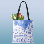 Bolsa Tote Santorini - Ilha Grega Personalizada Aquarela<br><div class="desc">Pintura de paisagem branca e azul de aquarela baseada na ilha grega de Santorini. Arte original de Nic Squirrell. Altere o nome para personalizar.</div>