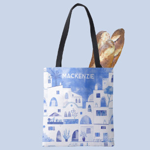 Bolsa Tote Santorini - Ilha Grega Personalizada Aquarela