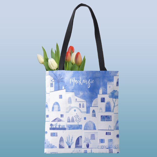 Bolsa Tote Santorini - Ilha Grega Personalizada Aquarela (Santorini personalized blue and white watercolor art tote bag)